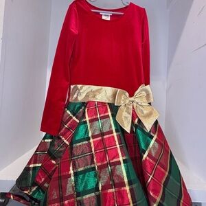 Festive Red and Green Plaid Dress with Gold Bow